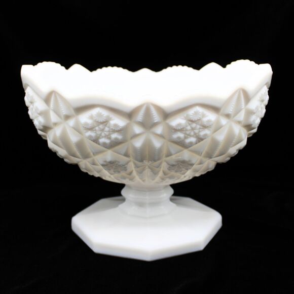 Vintage Kemple Pedestal Milk Glass Centerpiece Fruit Bowl Planter Toltec Pattern - Picture 1 of 8